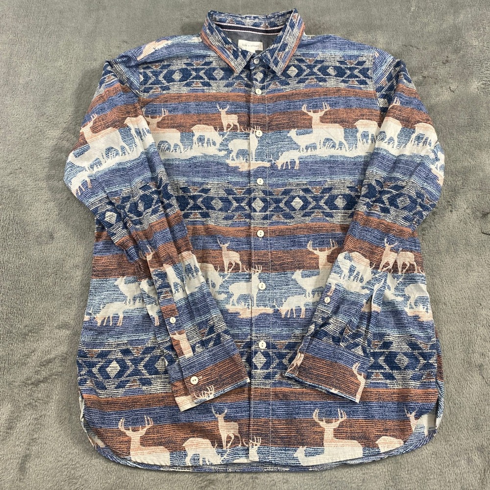 Sun + Stone Shirt Mens L‎ Deer Print Geometric Button Down Blue Brown Western